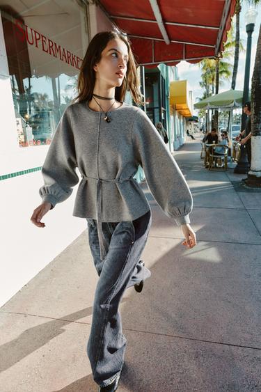 KNIT JUMPER WITH DRAWSTRING - Grey by Zara