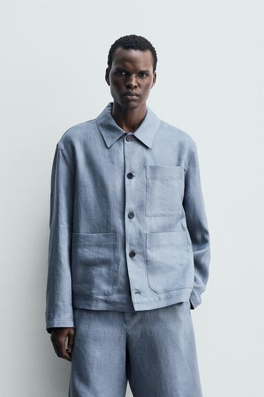 SOBRECAMISA 100% LINO BOLSILLOS - Azul lavado de Zara