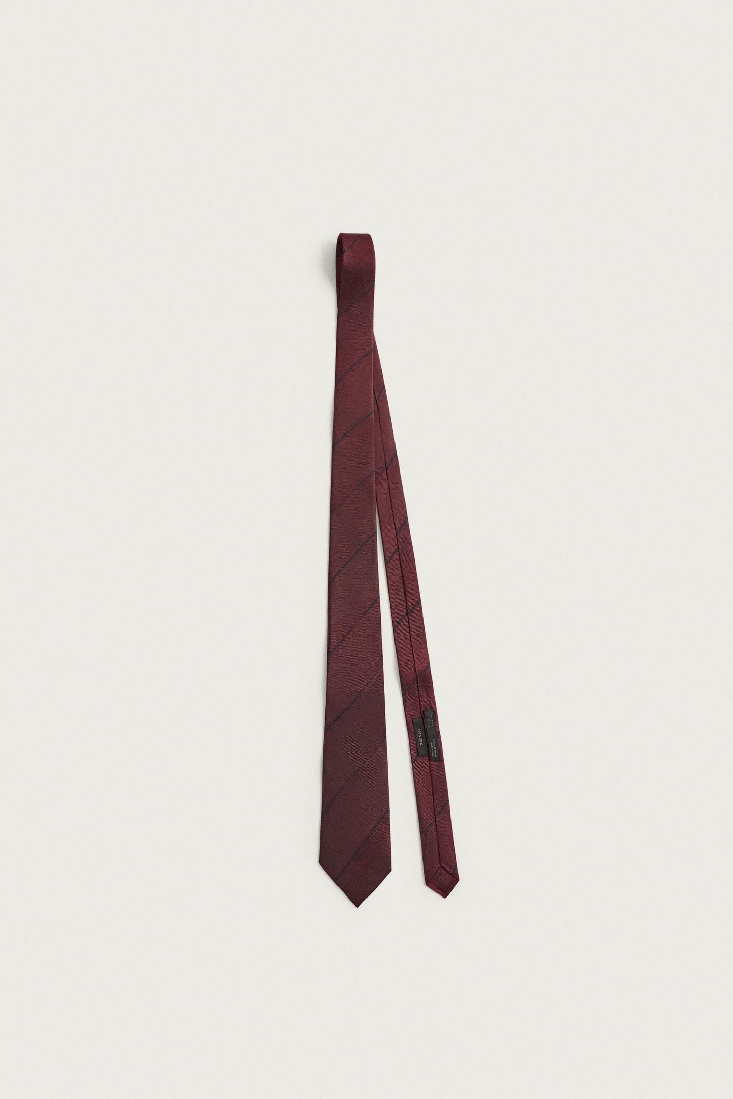Мужской галстук Zara 100% Silk Striped Tie, цвет: Тёмно-бордовый — фото 3