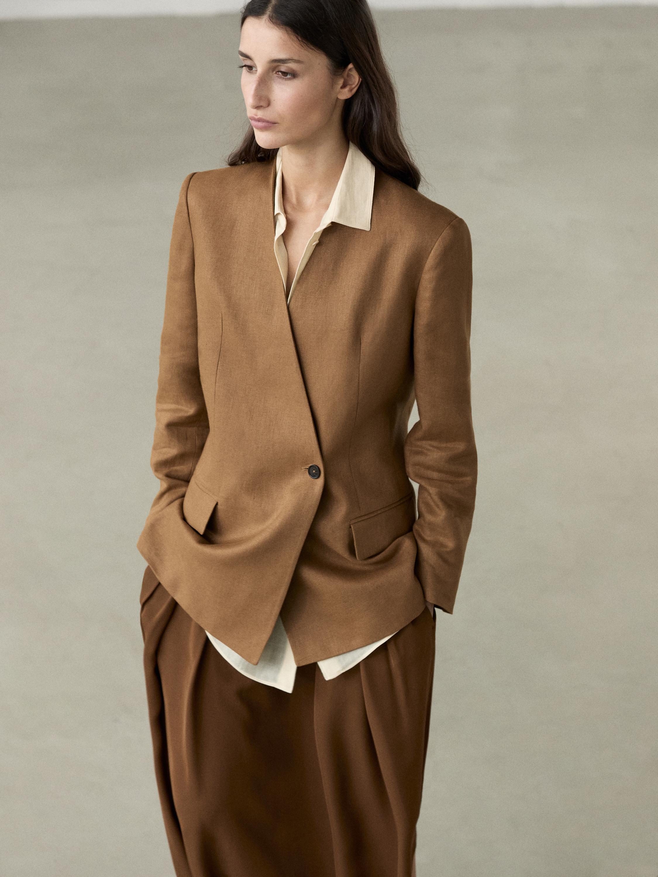 100% linen lapelless double-breasted blazer