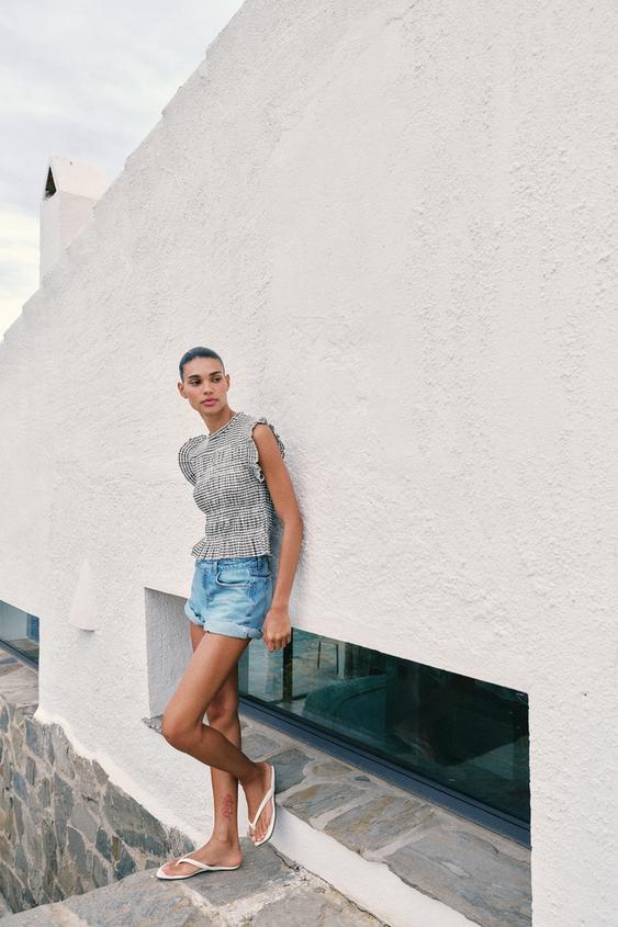 Zara TOP SA VICHY KARO DEZENOM I NABIRANJEM – Smeđa / svetlosmeđa – Slika 0