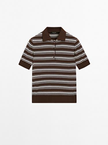 Zara 100% cotton polo shirt with striped details - Brown - Image 0