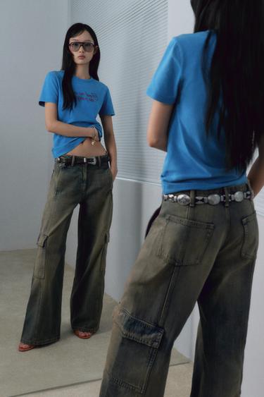Zara 水洗感亮片文字 T 恤 - 藍色