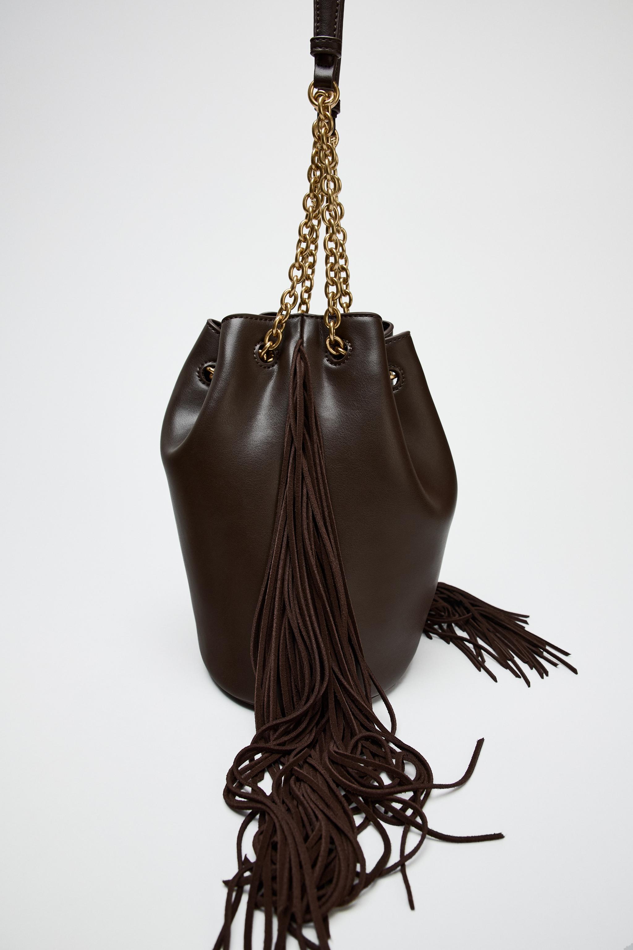 Zara Boho Leather Bucket Bag with Fringe hotsell