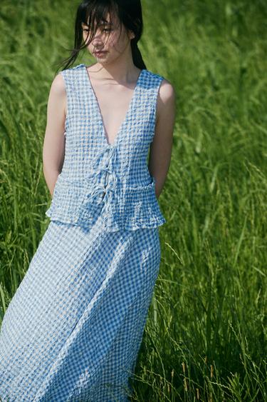 GINGHAM TOP - Light blue by Zara