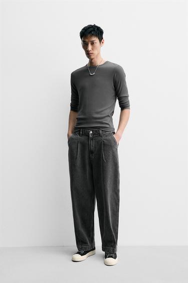 WIDE-LEG PLEATED DENIM CHINO TROUSERS - Grey by Zara