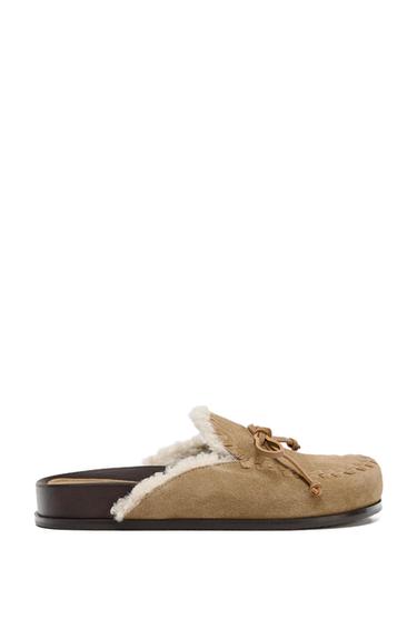 Zara FAUX SHEARLING LEATHER CLOGS - Sandy Brown