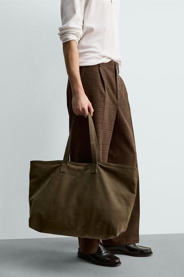 LEATHER TOTE BAG - Khaki Green by Zara