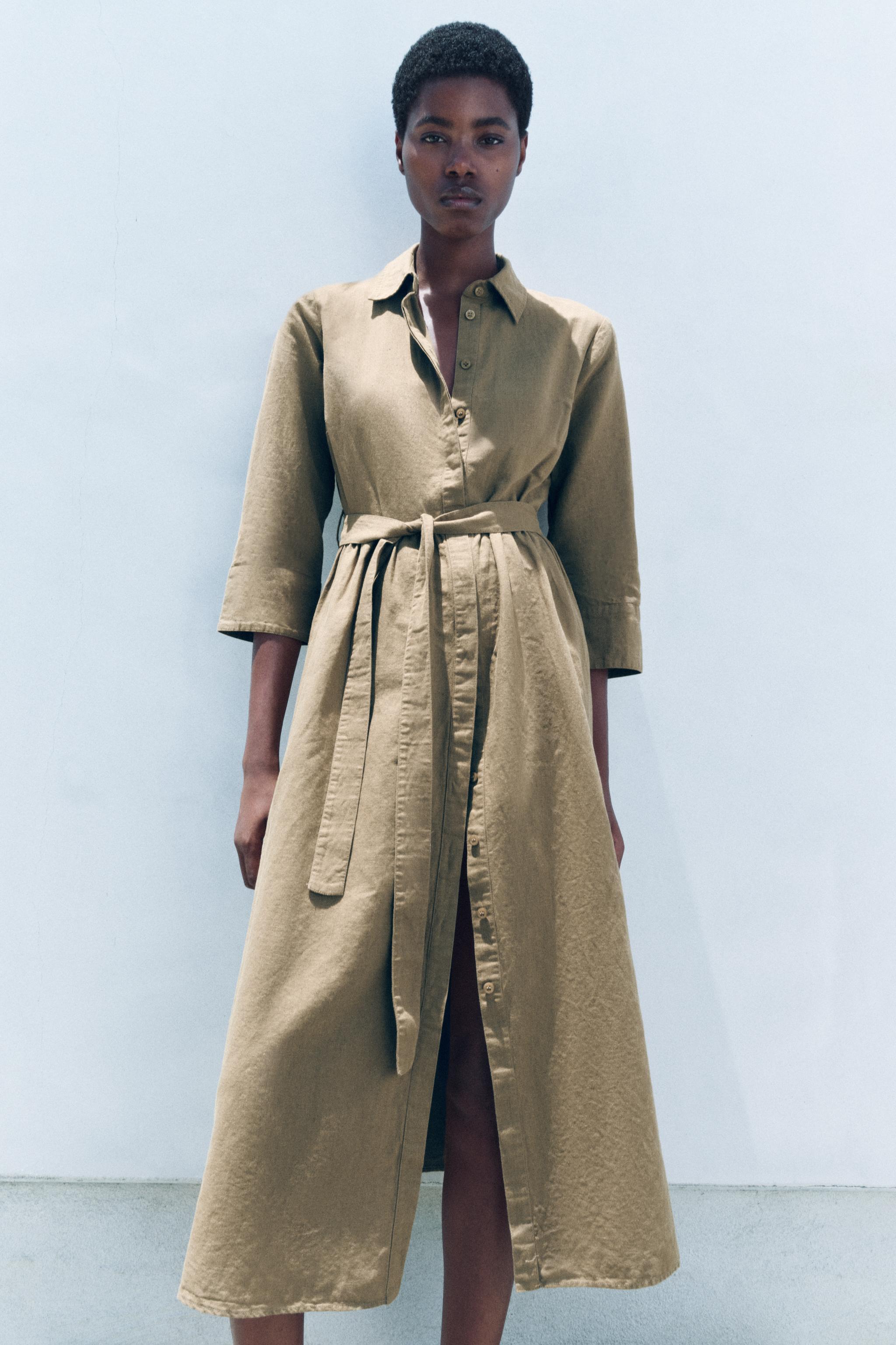 LINEN BLEND MIDI DRESS ZW COLLECTION Greenish ZARA Canada