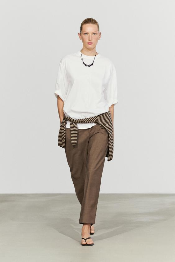 Zara 100% cotton short sleeve seamed T-shirt - Oyster-white - Image 0