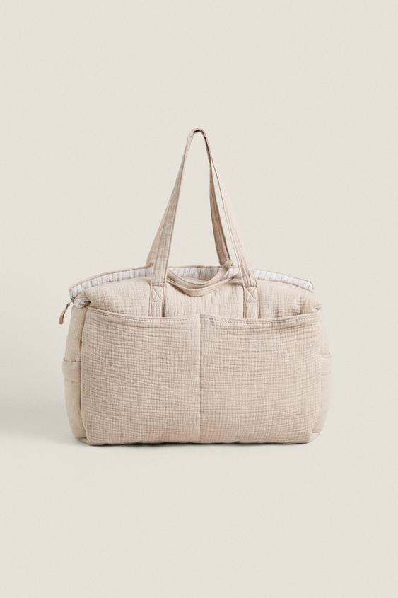 COTTON DIAPER BAG WITH STRIPED LINING Brown ZARA United States