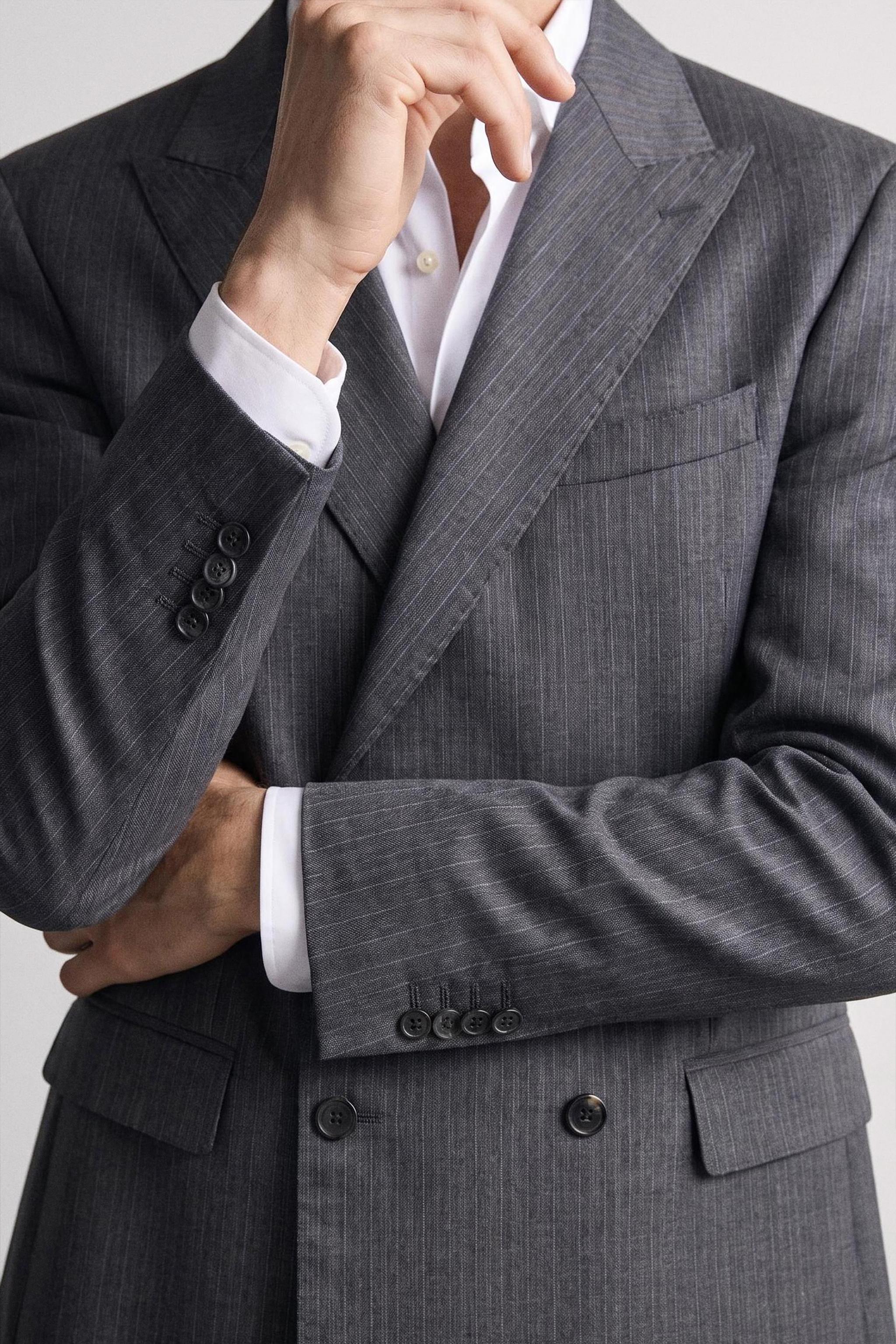 100% WOOL STRIPED SUIT BLAZER — Gray / Blue