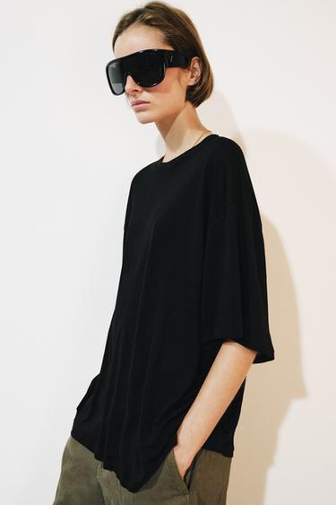 Zara SHORT SLEEVE OVERSIZE T-SHIRT - Black