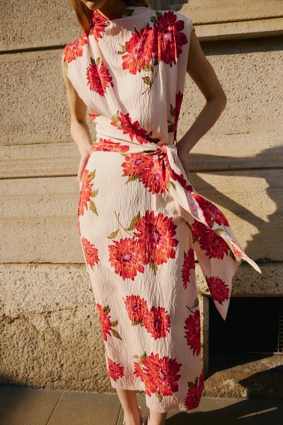 VESTIDO MIDI ESTAMPADO FLORAL CINTURÓN - Crudo / Rojo de Zara - Imagen 0