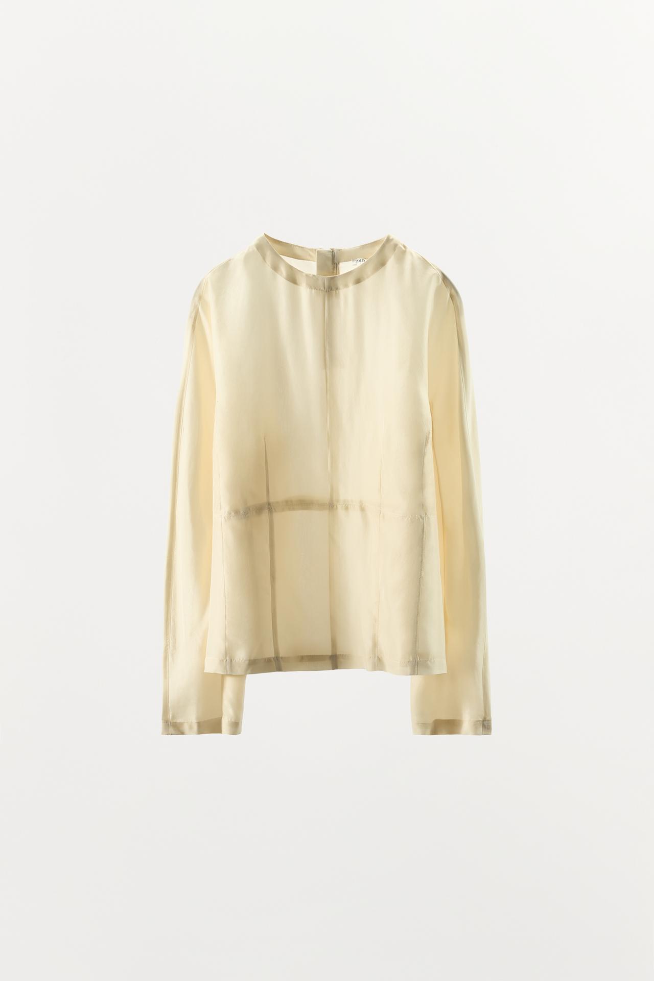 100% SILK LONG-SLEEVE BLOUSE — Ecru