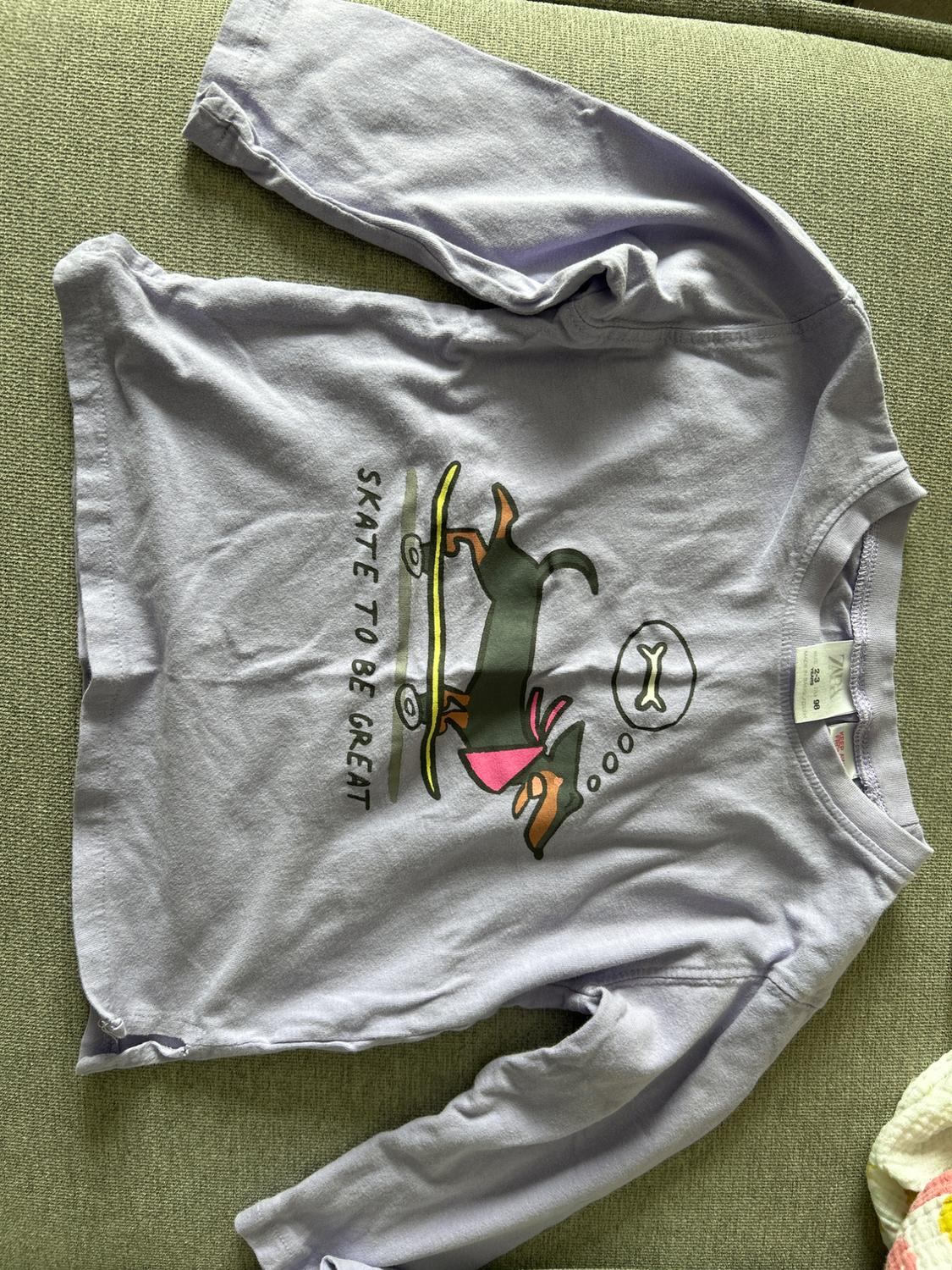 Lilac long-sleeved T-shirt with a dog on a skateboard graphic and "SKATE TO BE GREAT" text, on a grey fabric background.