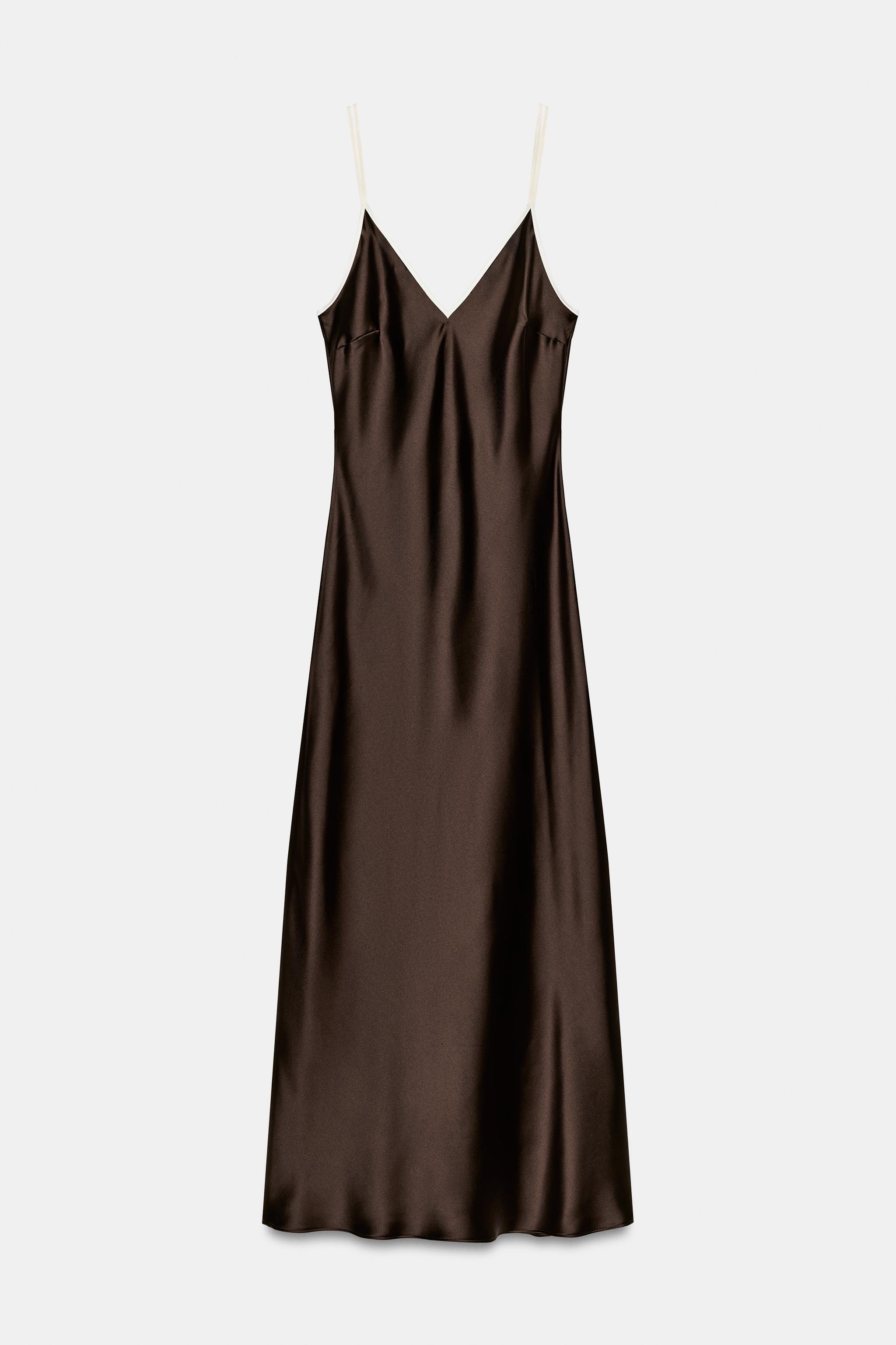 CONTRAST TRIM SATIN MIDI DRESS — Brown
