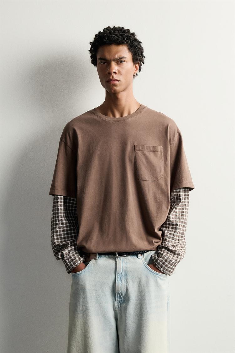 CHECKED LAYERED EFFECT LONG SLEEVE T-SHIRT
