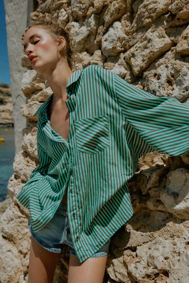 CAMISA OVERSIZE RAYAS - verde lavado de Zara
