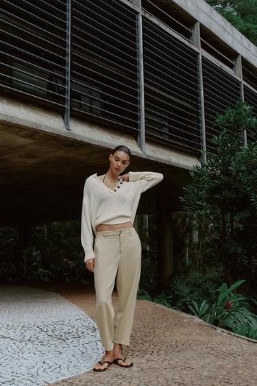 LINEN BLEND CARROT FIT CROPPED TROUSERS - Sand by Zara - Image 0