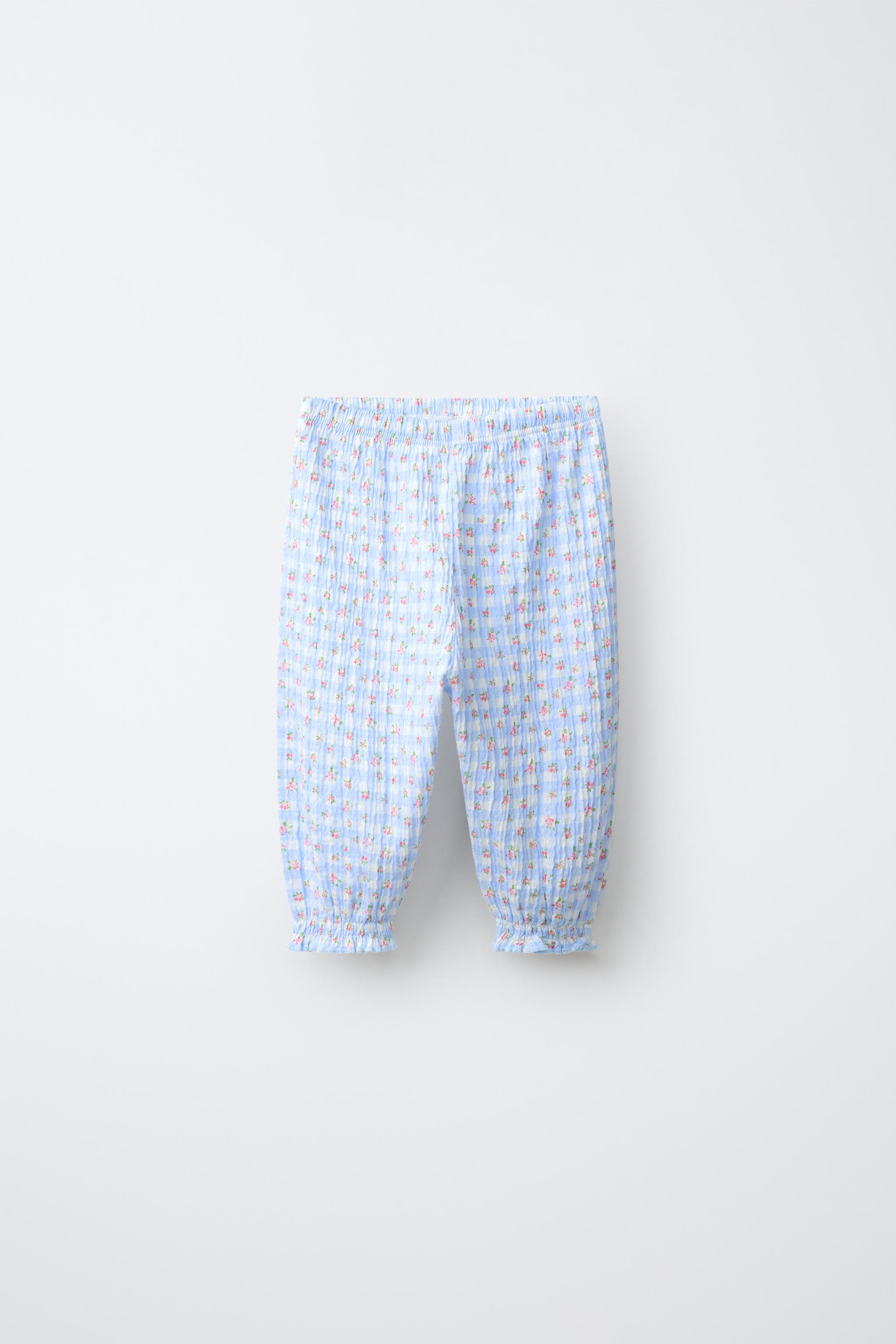 FLORAL AND PLAID BLOOMER PANTS — Blue / White