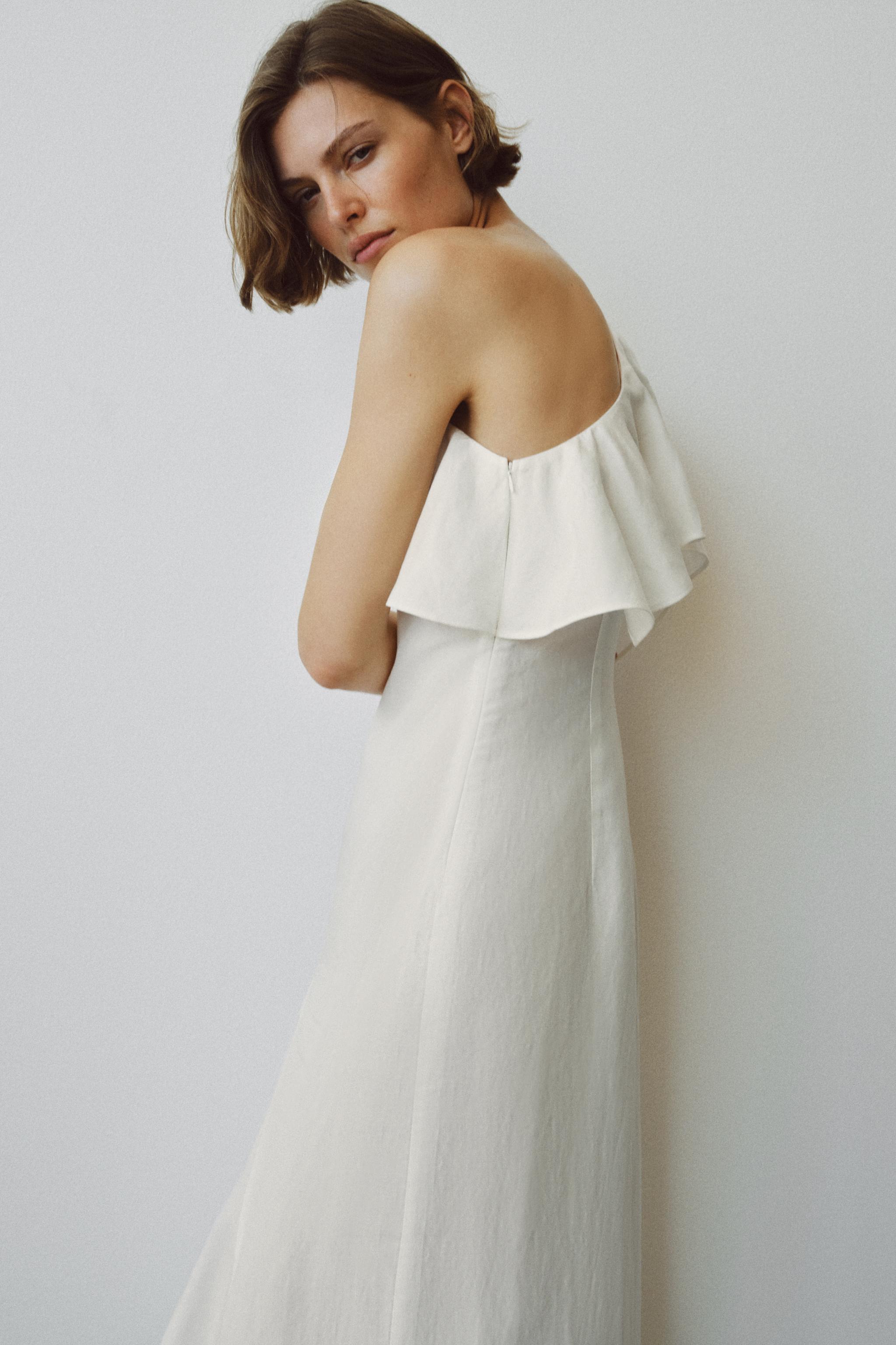 Zara - Asymmetric Ruffled Linen Blend Dress Zw Collection - Oyster-White - L - Woman