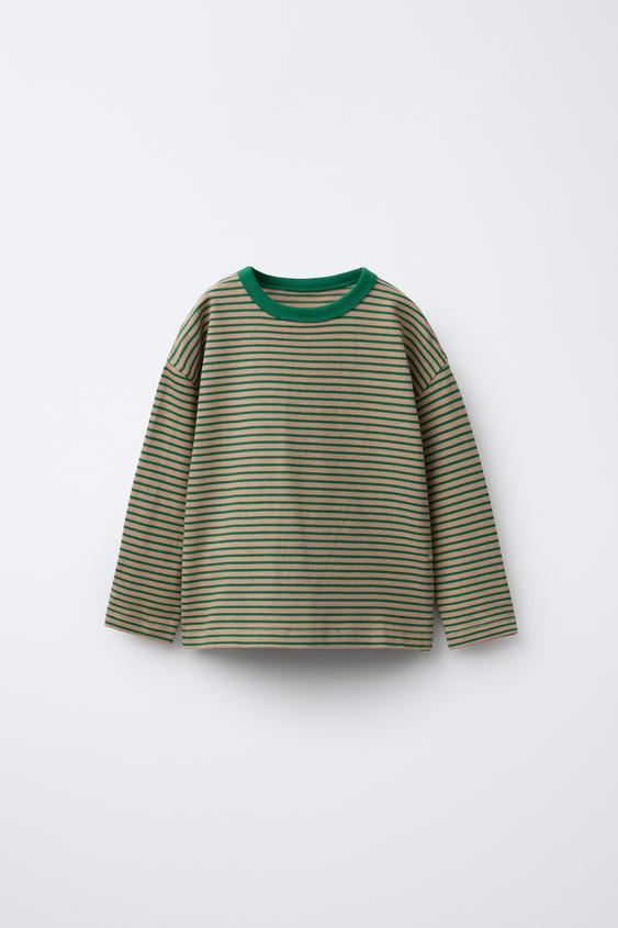 HEAVY WEIGHT STRIPED T-SHIRT - Ecru / Green by Zara - Image 0
