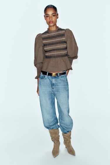 SMOCKED EMBROIDERED SHIRT - Brown by Zara - Image 0