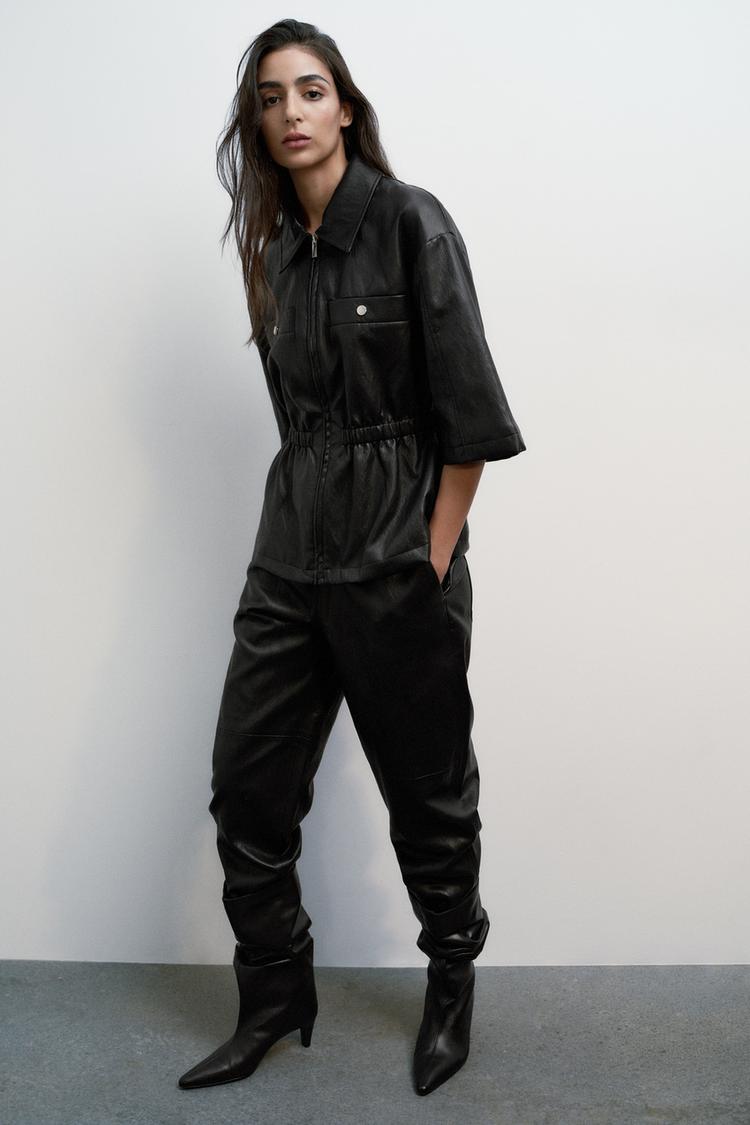 Zara Faux Suede Trousers FAUX LEATHER TROUSERS Black ZARA United