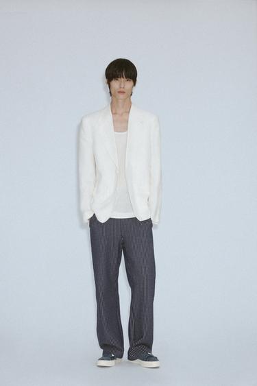 RELAXED FIT SEERSUCKER TROUSERS - Navy / White by Zara