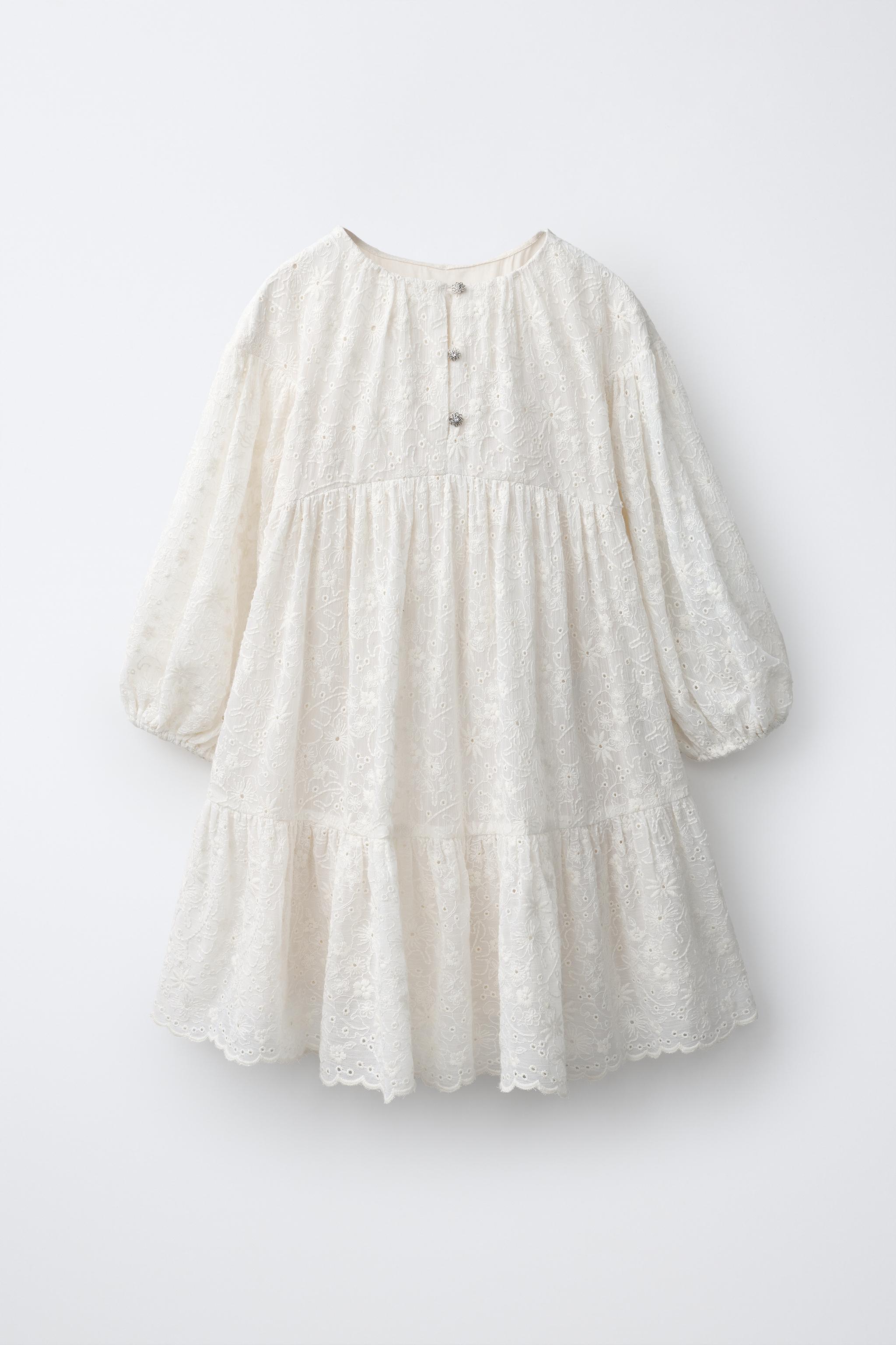 JEWEL BUTTON LACE DRESS — Ecru