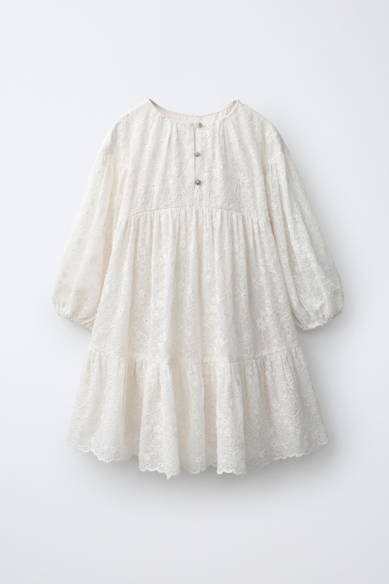 JEWEL BUTTON LACE DRESS — Ecru