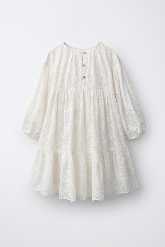 VESTIDO ENCAJE BOTÓN JOYA - Crudo de Zara - Imagen 0