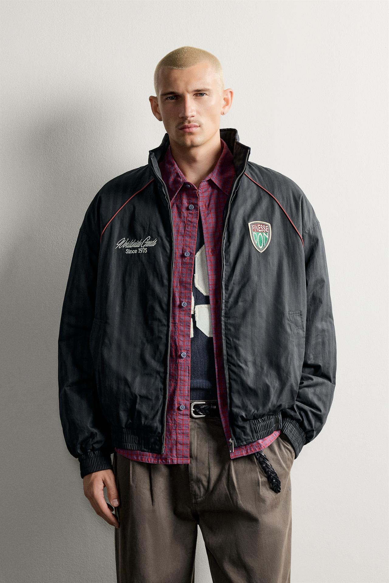 QUILTED STRIPED PATCH JACKET — Gray / Blue