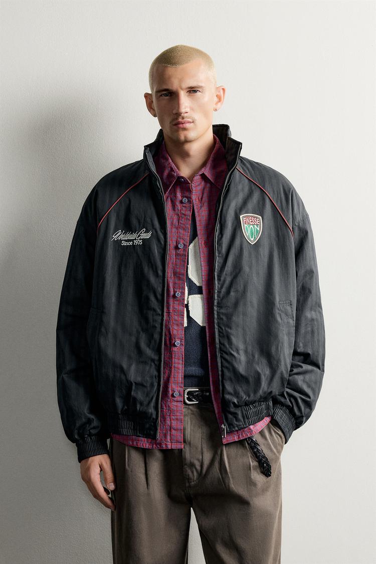 QUILTED STRIPED PATCH JACKET — Gray / Blue