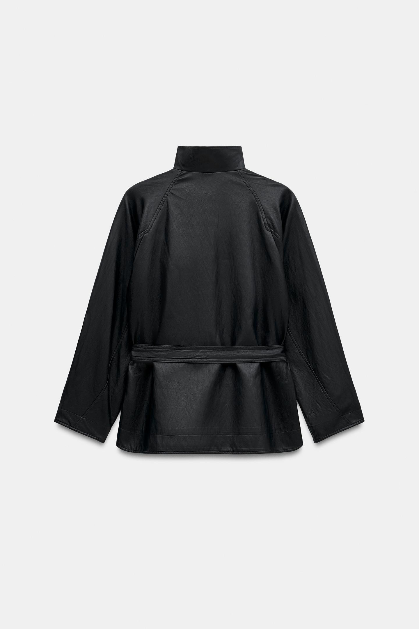 Женская куртка Zara Faux Leather Belted, цвет: Чёрный — фото 7