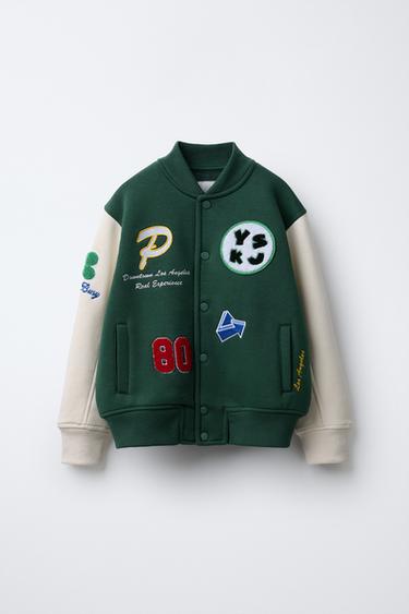 Zara VARSITY PATCH BOMBER JACKET - Green