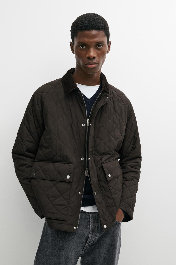 Quilted jacket with corduroy collar — Brown marl