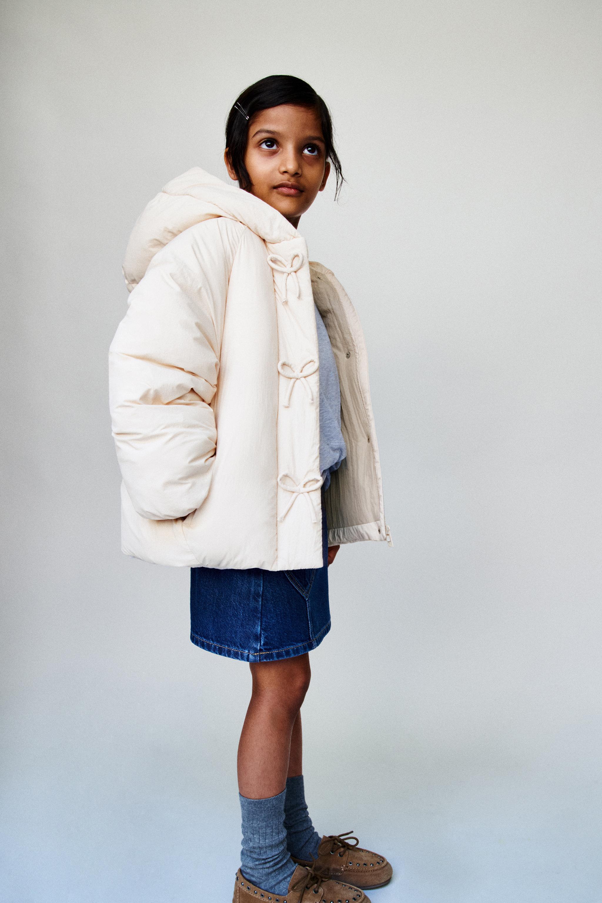 WATER REPELLENT BOW PUFFER COAT — Ecru