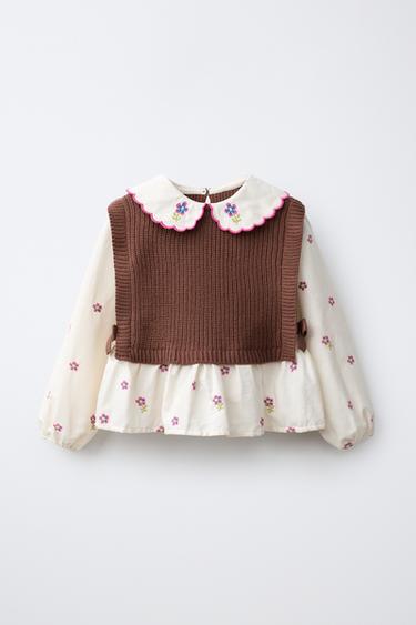 FLORAL EMBROIDERED SHIRT WITH LAYERED KNIT WAISTCOAT - Brown by Zara