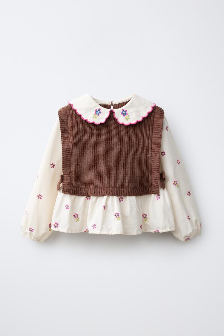 Camisa bordado flores combinada chaleco punto