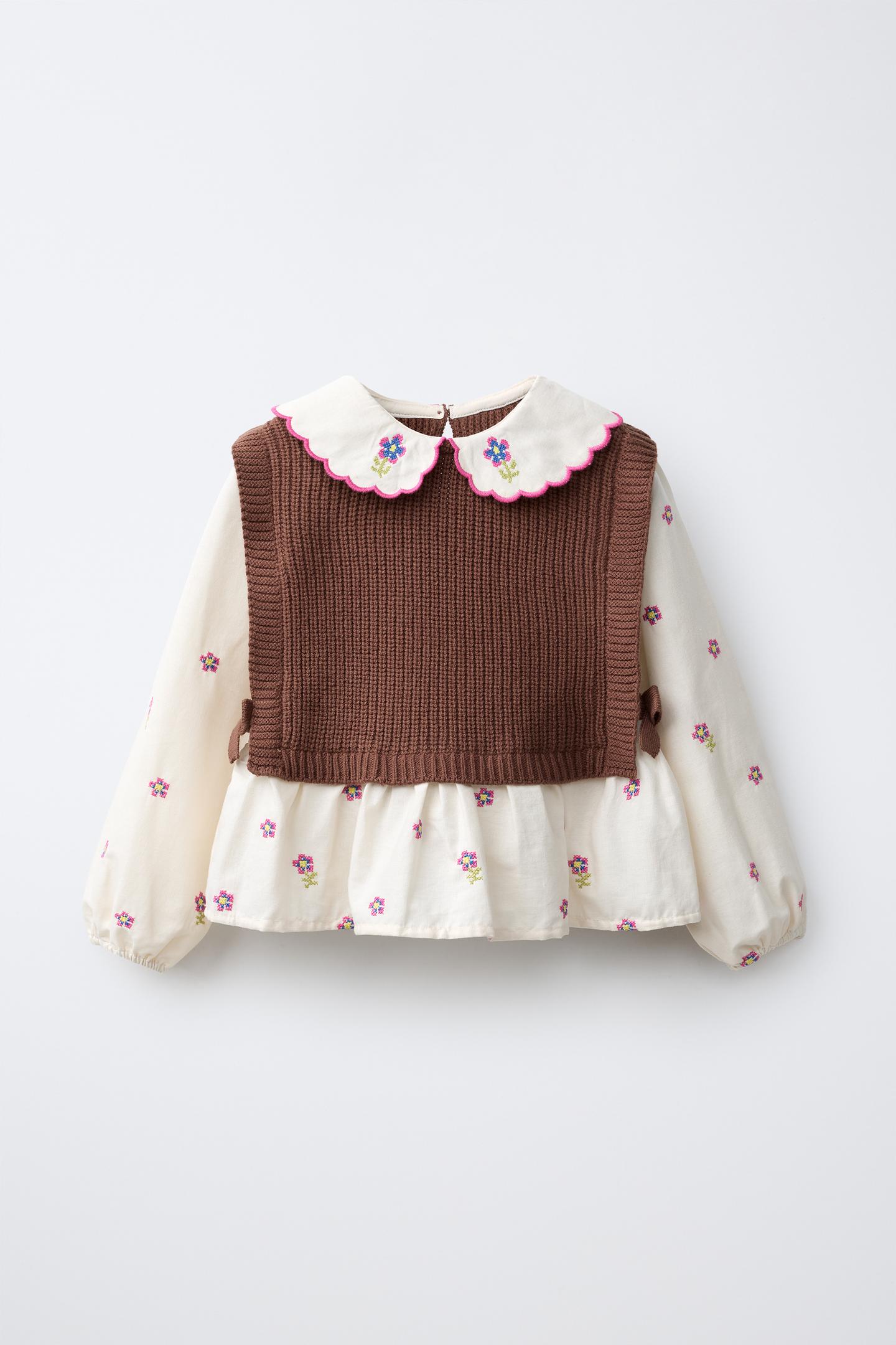 Детская рубашка Zara Floral Embroidered Shirt with Knit Vest, цвет: Коричневый — фото 1