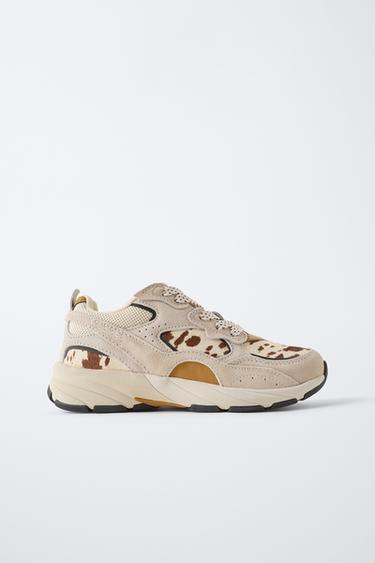Zara COW LEATHER SNEAKERS - Beige