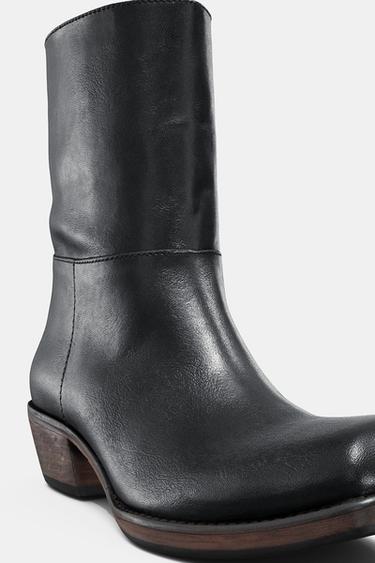 Zara 牛仔風真皮踝靴 - 黑色 - 圖片 0