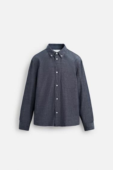 テクスチャーシャンブレー シャツブルーZaraのテクスチャーシャンブレー シャツ - ブルー 