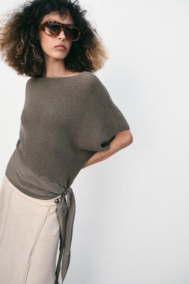 ÁO DỆT KIM PHỐI VẢI THẮT NÚT - Màu xám đá từ Zara