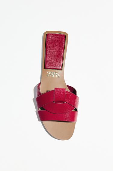FLAT CRISS-CROSS LEATHER SLIDER SANDALS - Burgundy Red by Zara