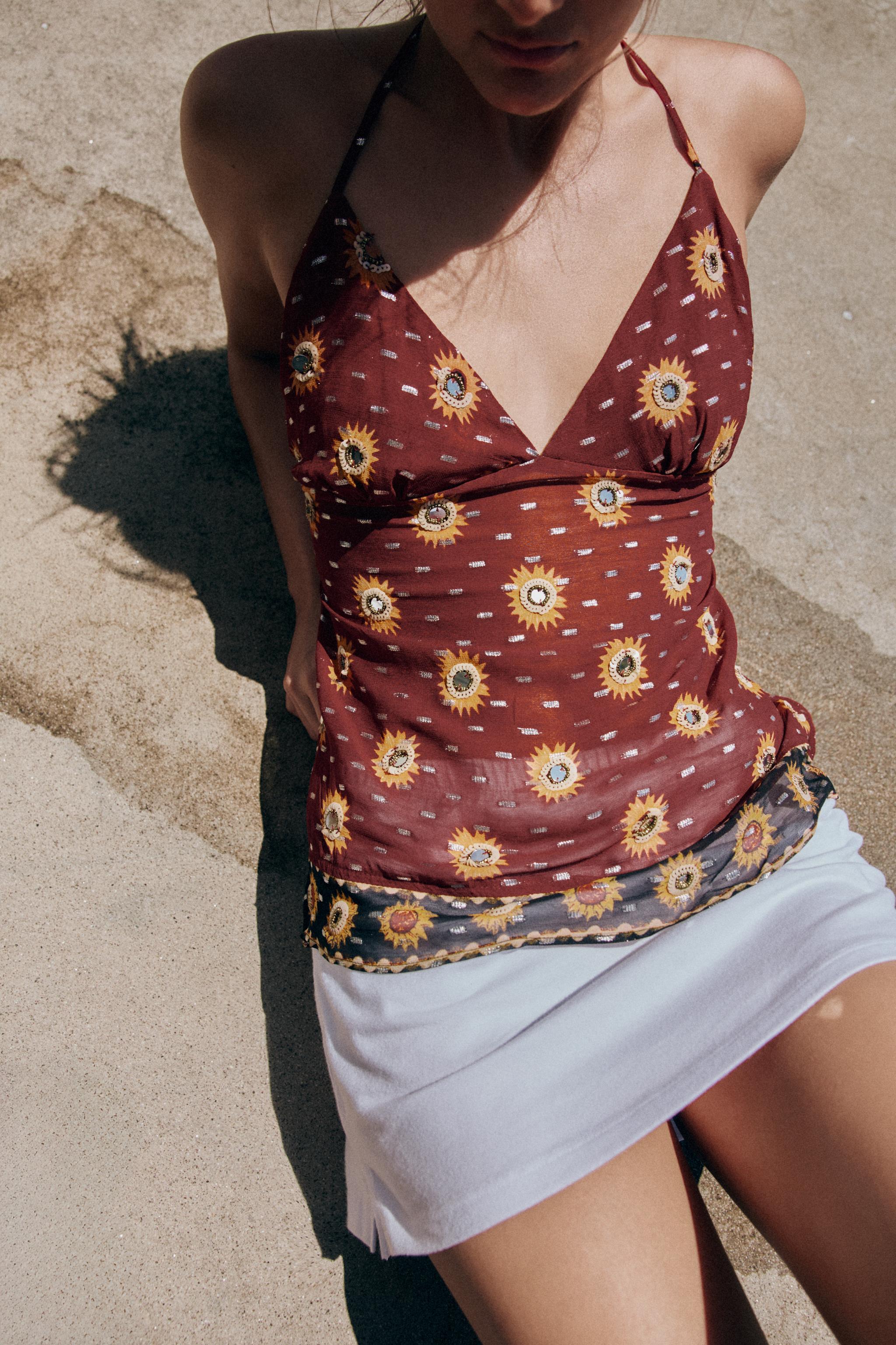BEADED PRINT GEORGETTE HALTER TOP
