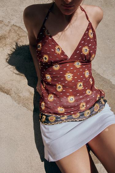 BEADED PRINTED GEORGETTE HALTER TOP - Burgundy by Zara - Image 1