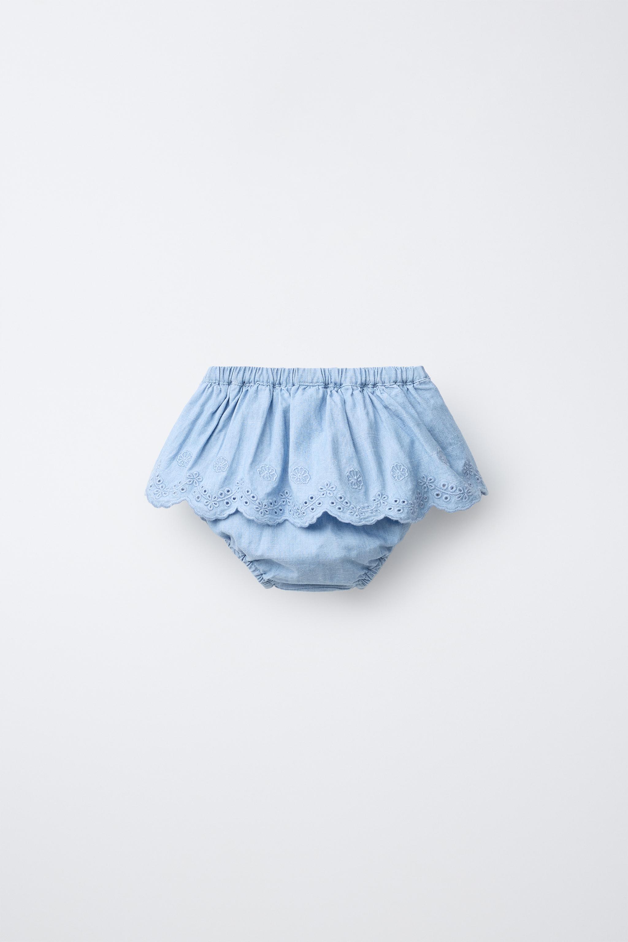 DENIM SKORT WITH RUFFLES — Mid-blue